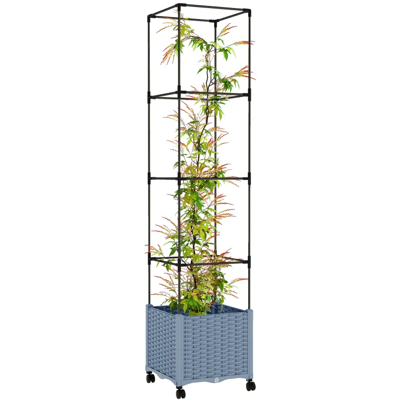 Raised Garden Bed with Trellis, Tomato Cage with Lockable Wheels, Self Watering Planter Box with Drainage Holes, Gray
