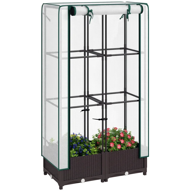 Garden Bed with Trellis, Outdoor Plant Box with PE Cover, Drainage Holes and Zipper Door, 31.5" x 15.7" x 48.8", Brown