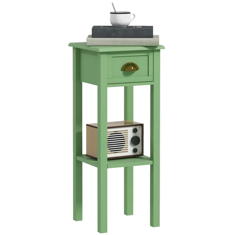 2-Tier Side Table with Drawer and Shelf, End Table for Living Room and Hallway, Green