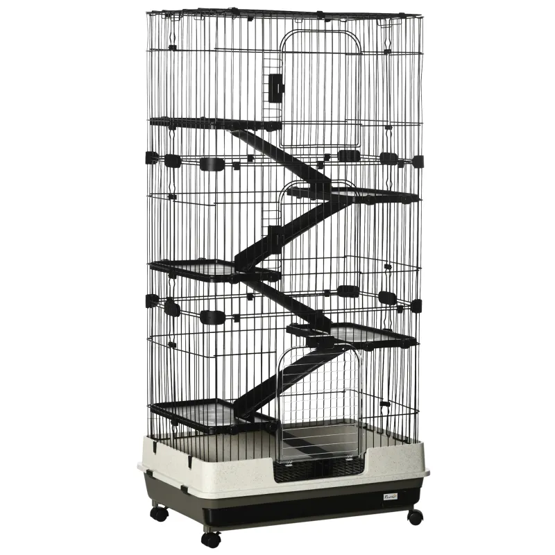 32"L 6-Level Small Animal Cage Bunny Hutch with Universal Wheels, Slide-out Tray for Chinchillas, Ferret, Black