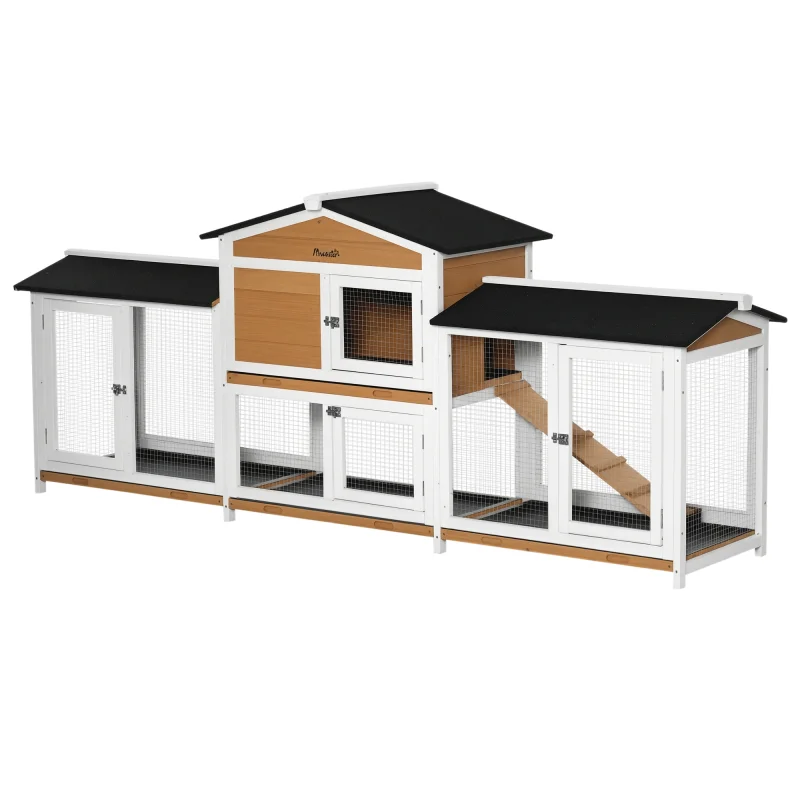 90.5" Wooden Rabbit Hutch Bunny Cage Pet Playpen House Enclosure with Double Side Run Boxes, No Leak Tray, Ramp, White