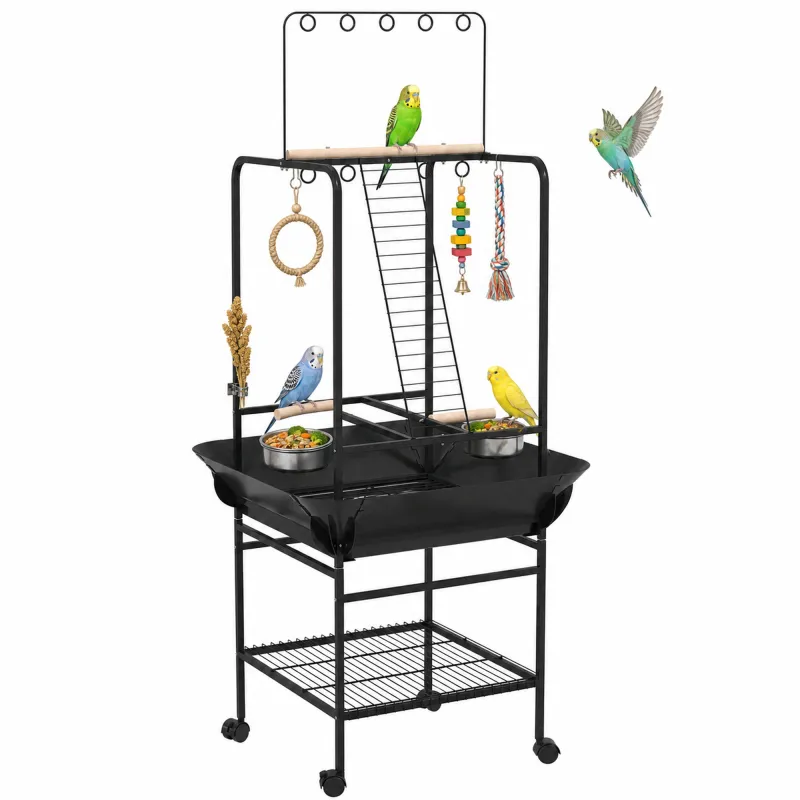 Bird Stand with Wheels, Perches, Stainless Steel Feed Bowls, Pull-Out Tray for Indoor Outdoor Small Parrot, Dark Gray