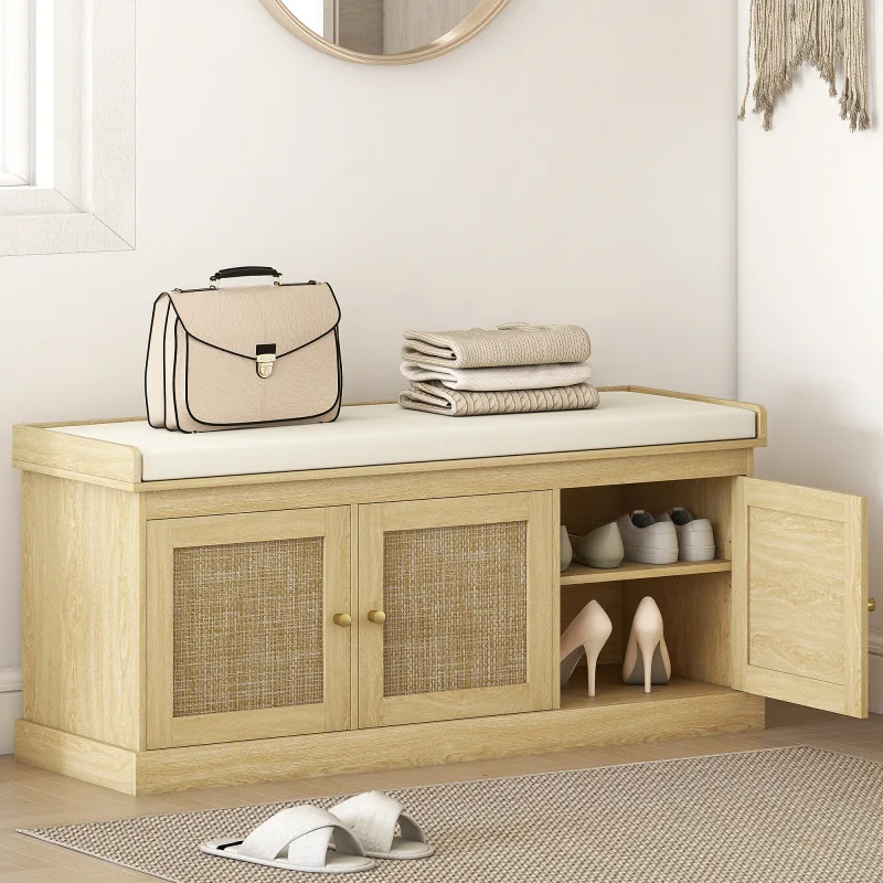 Shoe Storage Bench with Woven Rattan Doors, Shoe Bench with Cushion, Adjustable Shelves, Entryway Bench, Oak Tone