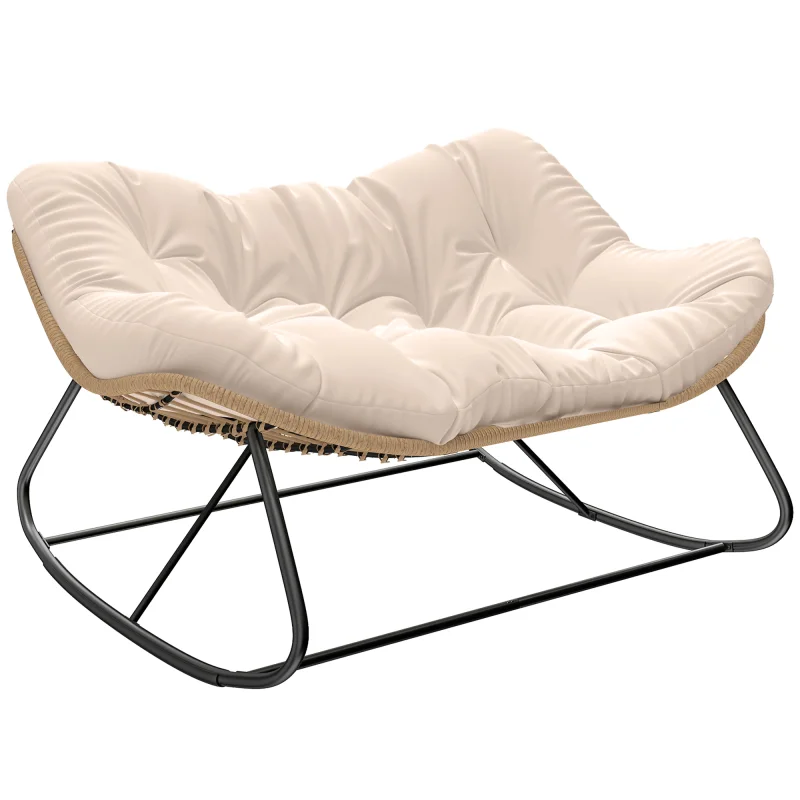 Indoor Outdoor Double Papasan Rocking Chair, Oversized Rocking Egg Chair with Cushion for Garden, Patio, Cream White