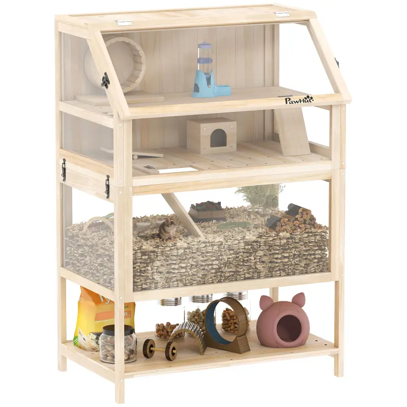 Wooden Hamster Cage with Detachable Lower Floor, Storage Shelf, Hut, Seesaw, Exercise Wheel, Ramps for Dwarf