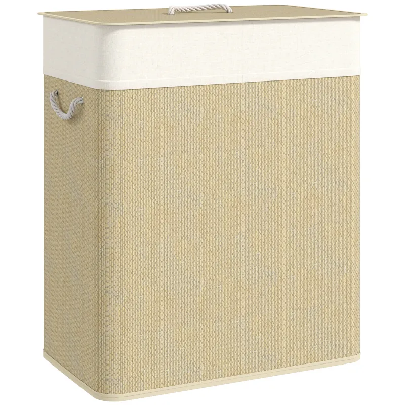 Double Laundry Basket with Lid, 26.4 Gallon Bamboo Laundry Hamper with Rope Handles and Removable Liner, Natural