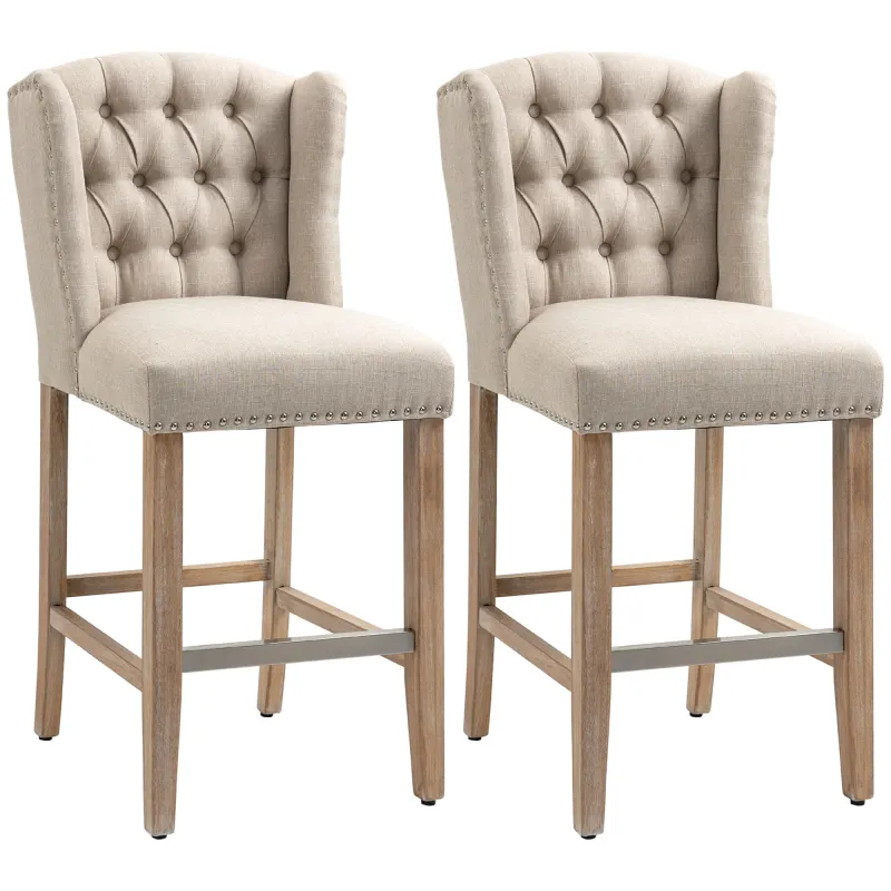 Counter Height Bar Stools Set of 2, 27" Seat Height Upholstered Barstools, Farmhouse Kitchen Island Stools with Nailhead-Trim, Tufted Back and Wooden Legs, Beige