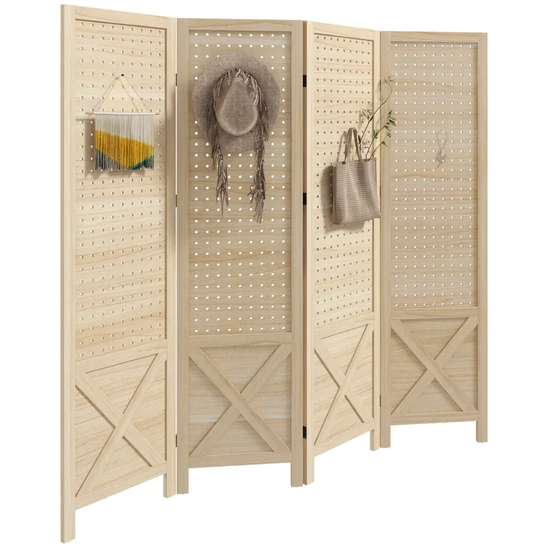 4.7' 4 Panel Wooden Room Divider with Pegboard Display, Folding Privacy Screen for Home Office, Natural