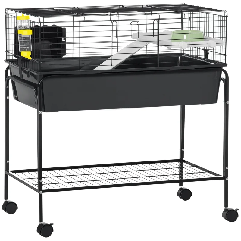 Two-Story Small Animal Cage Removable from Stand, Pet Habitat with Shelf & Wheels, 33" x 18.5" x 35", Charcoal Gray