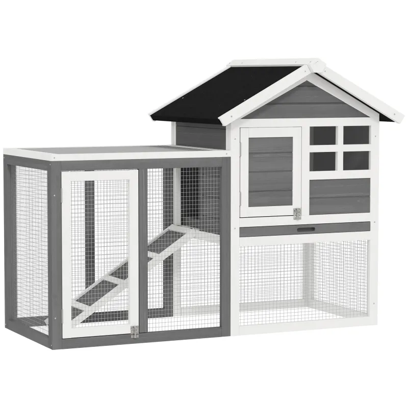 49" Weatherproof Wooden Rabbit Hutch with Slanted Asphalt Roof & Fun Outdoor Run for Bunnies & Ferrets - Grey