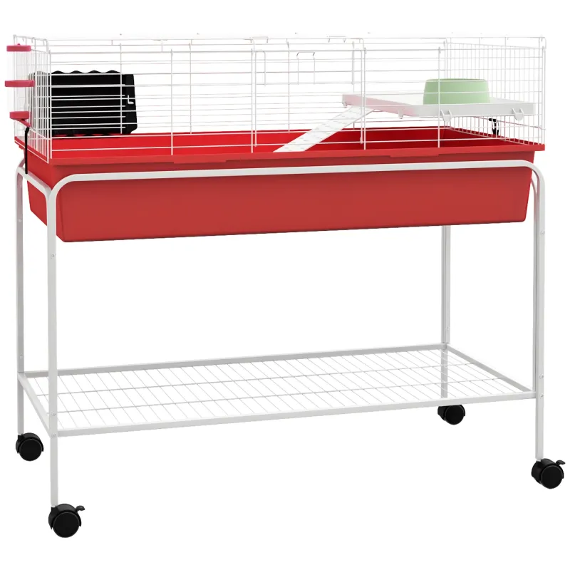 Two-Story Small Animal Cage Removable from Stand, Pet Habitat with Shelf & Wheels, 39" x 20.5" x 36.5", Red