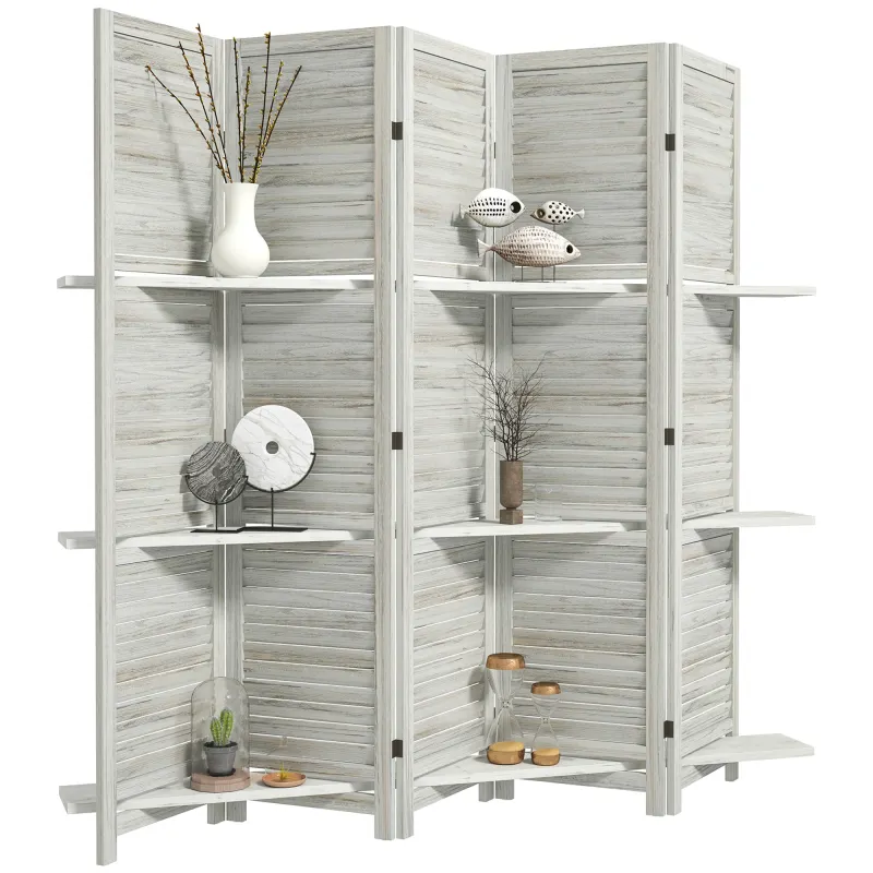 5 Panel 67" Tall Wood Privacy Screen Room Divider with 3 Shelves and Folding Storage for Bedroom, Distressed White