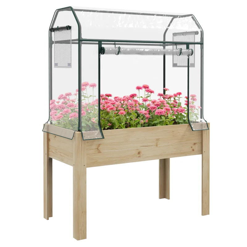 Raised Garden Bed with Plastic Greenhouse Cover Outdoor Planter Box for Herbs and Vegetables, 45x24x65 inch Natural
