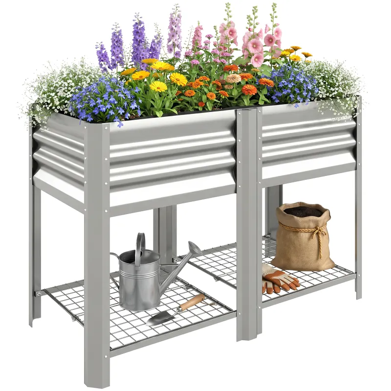 Raised Garden Bed Galvanized Steel, Elevated Planter Box with Storage Shelf, Bed Liner, 31.5" High, Silver
