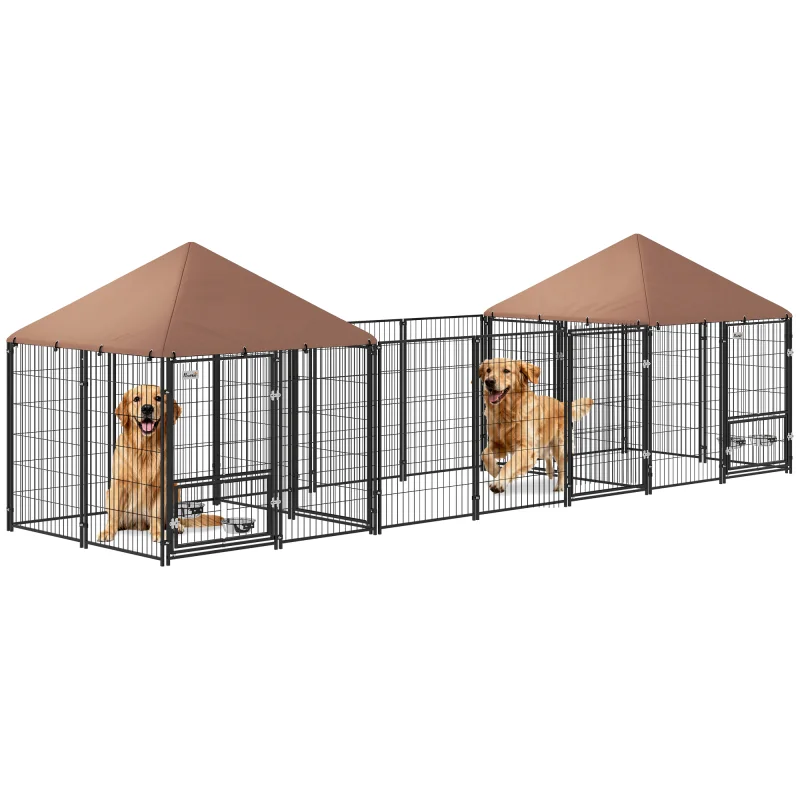 Large Outdoor Dog Kennel with 2 Rooms, Rotating & Adjustable Height Bowls, Waterproof & UV-Resistant Canopy