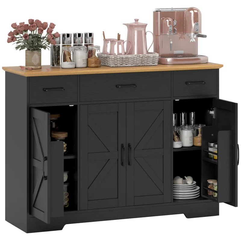 47" Buffet Cabinet with Soft-Close Hinges, Farmhouse Sideboard with 3 Drawers, Adjustable Shelves and Spice Racks, Black