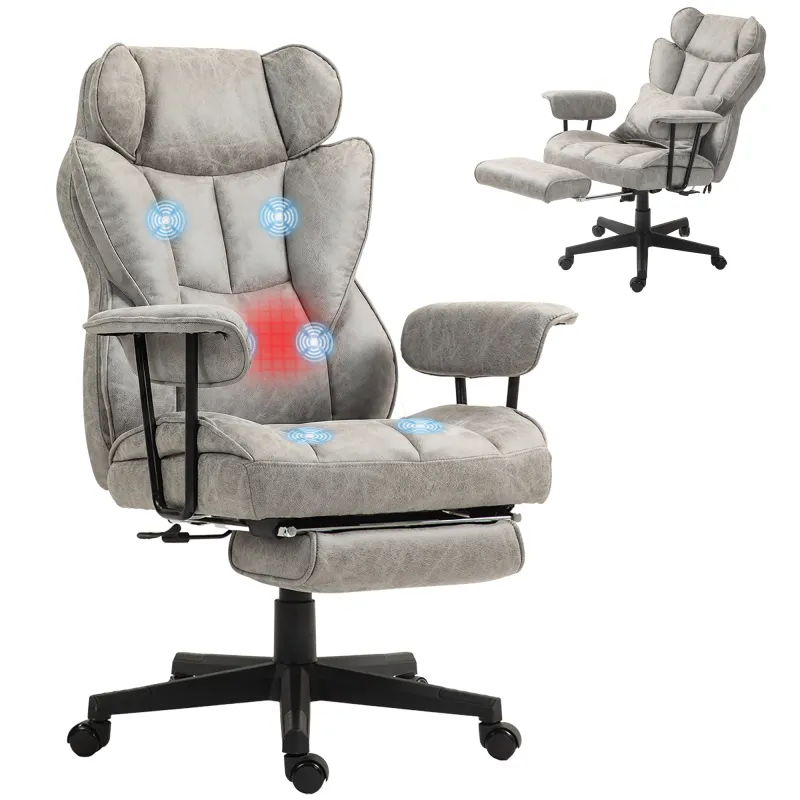 400LBS Big and Tall Office Chair, Massage Office Chair with Footrest, Lumbar Support and Reclining Function, Gray
