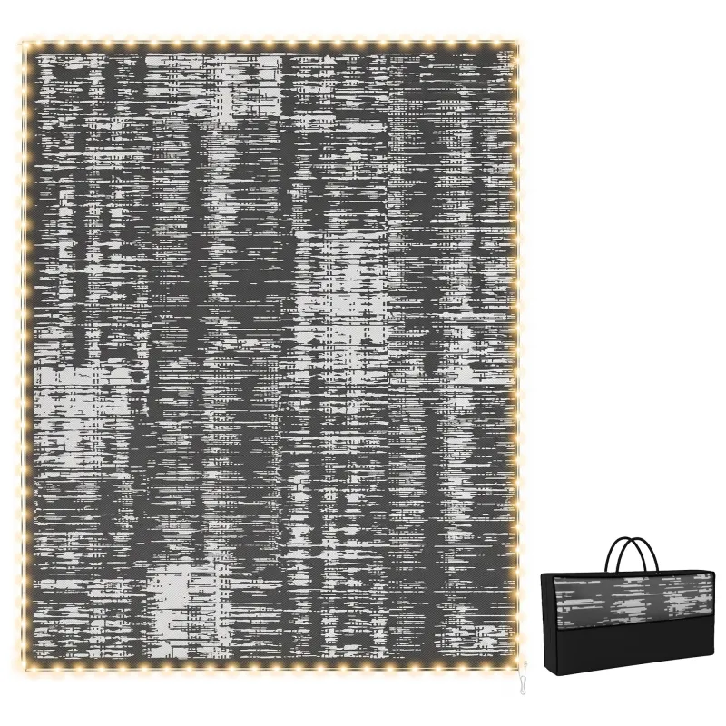 Reversible Outdoor Rug Carpet with LED Lights, Carry Bag & Ground Stakes for Backyard, Deck, Picnic, Beach, 10' x 8'