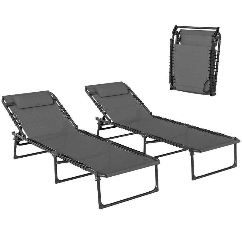 2 Folding Chaise Lounge Pool Chairs with 4-Position Reclining Back, Pillow, Breathable Mesh & Bungee Seat, Gray