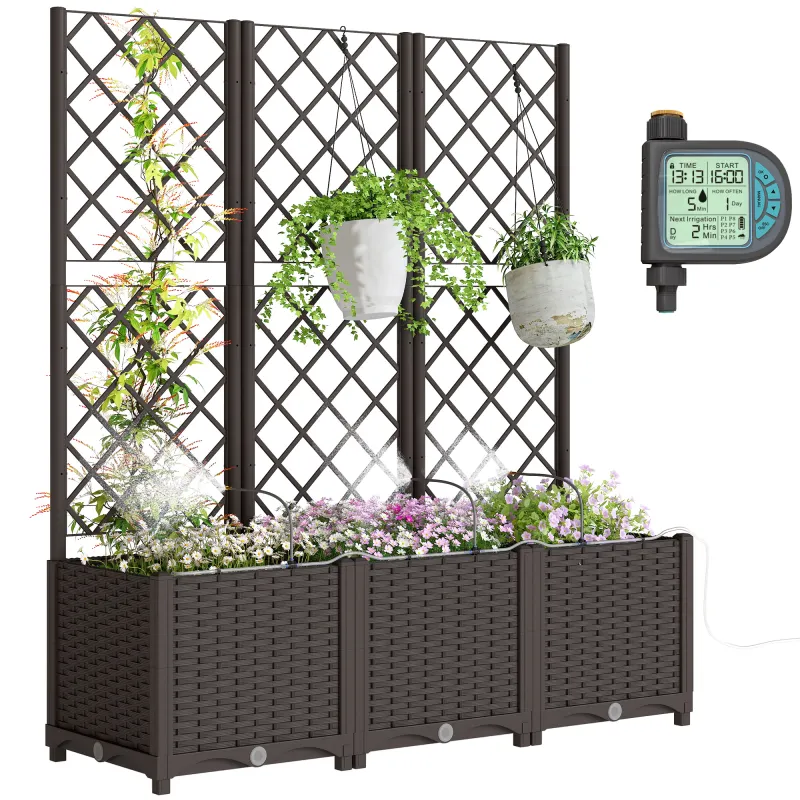 3PCS Plastic Planter Box with Trellis, Self-Watering Raised Garden Bed with Trellis and Automatic Watering Timer Kit