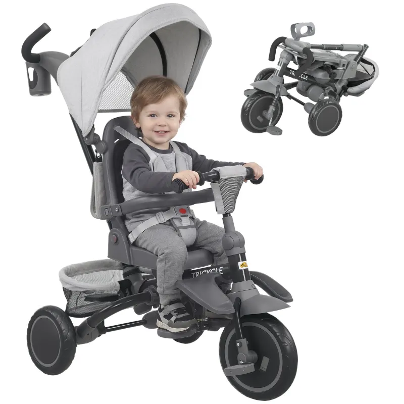 6 in 1 Kids Tricycle with Adjustable Push Handle, Removable Canopy, Reversible Seat, for 1-5 Years, Gray