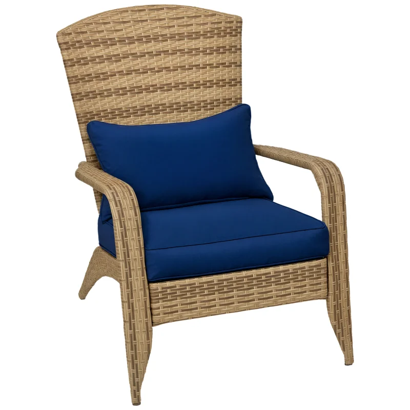 Patio Adirondack Chair with Rattan Wicker, Soft Cushions, Tall Curved Backrest for Deck or Garden, Dark Blue