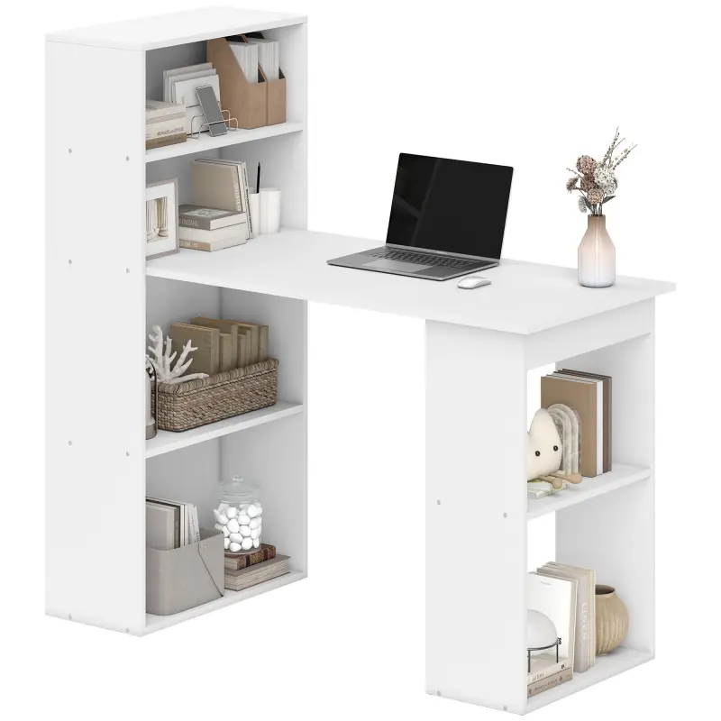 Computer Desk with 6-Tier Storage Shelves, Writing Desk Workstation with Bookshelf for Home Office, White