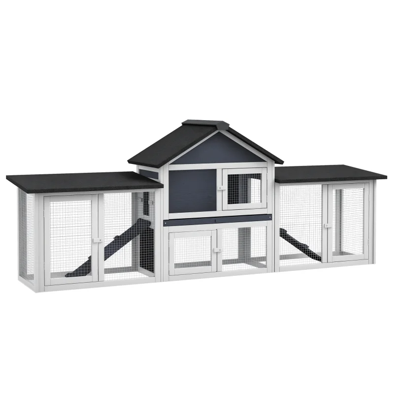 Outdoor Rabbit House 83" 2 Story Deluxe XL Wooden Rabbit Hutch, Big Bunny Cage w/ Ladder and Run, Dark Gray