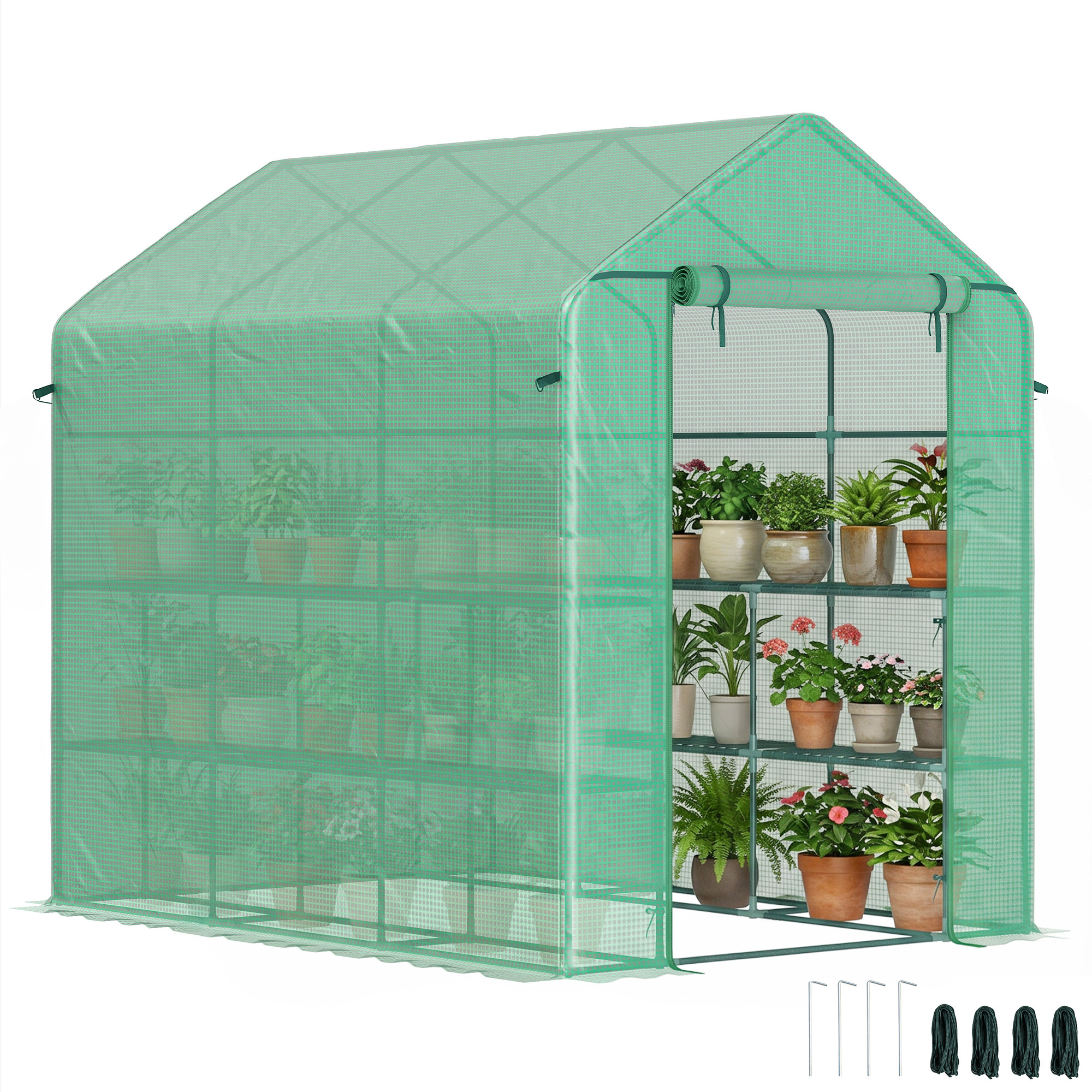 7' x 5' x 6' Walk-in Greenhouse for Outdoors with Mesh Door, 18 Shelf Hot House with Trellis, Plant Labels, Green