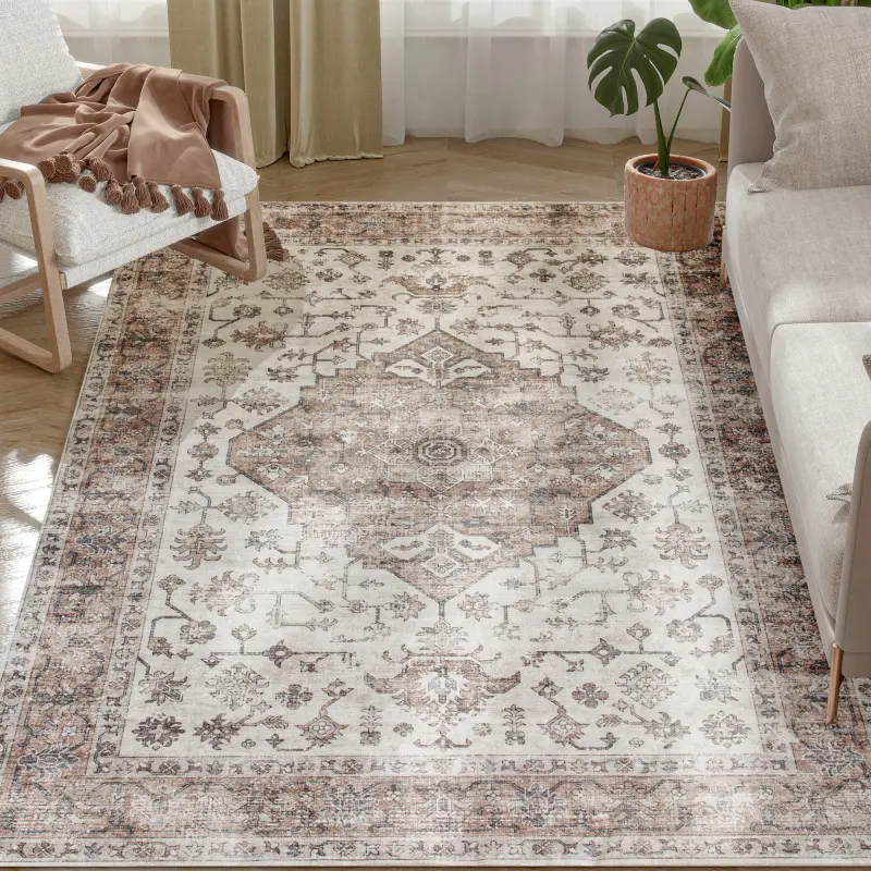4x6 Area Rug, Vintage Machine Washable Rug, Non-Slip Floor Carpet for Living Room, Bedroom, Dining Room, Tan