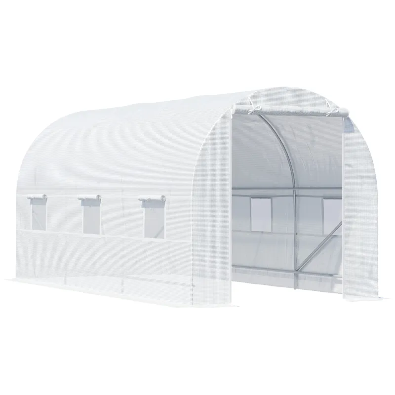 15' x 7' x 7' Walk-In Tunnel Greenhouse, Large Garden Hot House Kit with 6 Roll-up Windows & Roll Up Door, Steel Frame, White