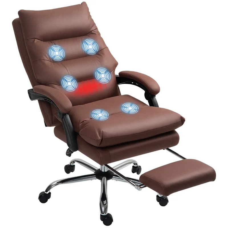Microfibre Massage Office Chair, Heated Reclining Chair with Footrest, Double-tier Padding, Swivel Wheels, Coffee