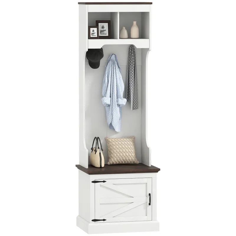 3-in-1 Hall Tree with Shoe Storage, Coat Rack with Bench, Entryway Furniture with Five Hooks, White Wood Grain