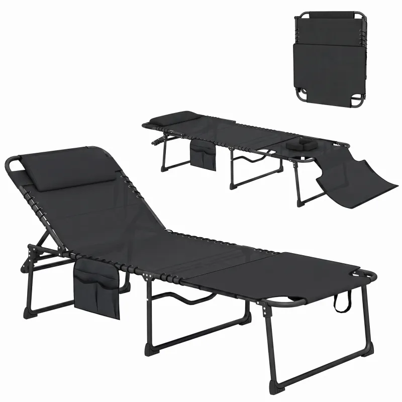 Folding Chaise Tanning Lounge Chair w/ 5-level Reclining Back, Reading Hole, Side Pocket, Headrest, Black