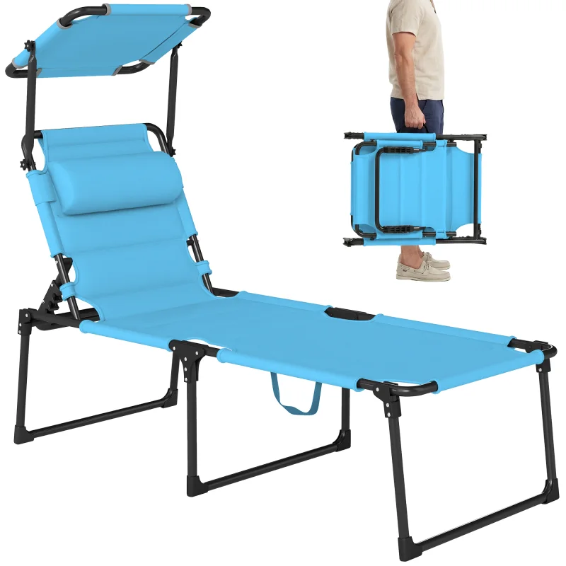 Outdoor Lounge Chair, 4 Position Adjustable Backrest, Folding, Cushioned w/ Sun Shade Roof & Pillow, Blue