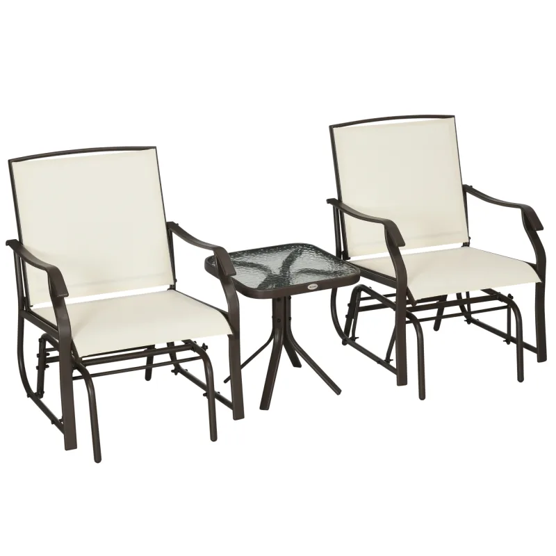 3 Piece Outdoor Glider Chair with Coffee Table Bistro Set, Cream White