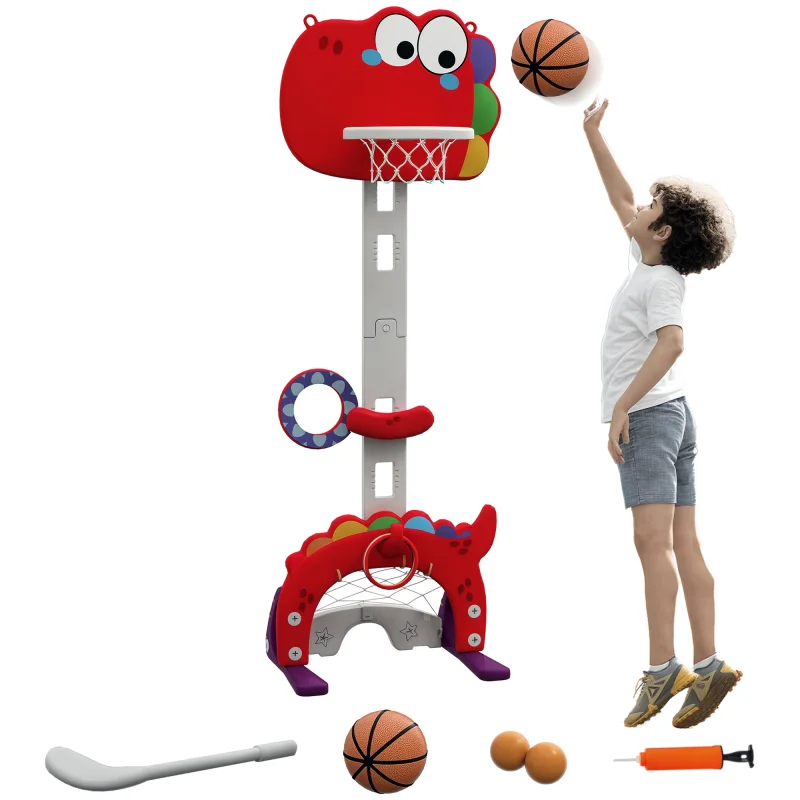 Adjustable Height 4.4-5 ft Kids Basketball Hoop, 5 in 1 Design, for Indoor Use, Red