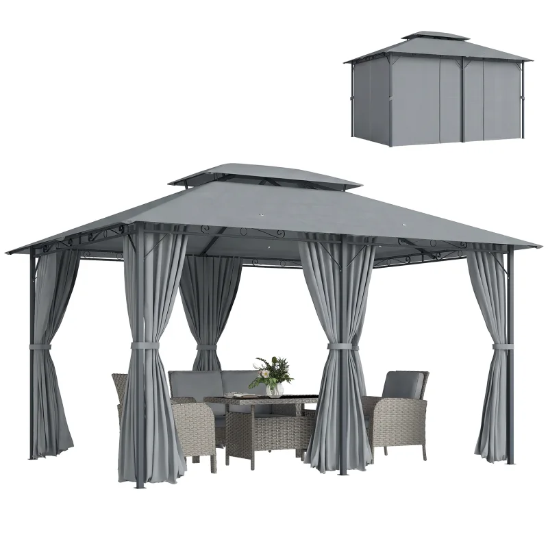10' x 13' Outdoor Soft Top Gazebo Pergola with Curtains, 2-Tier Steel Frame Gazebo for Patio, Sage Gray