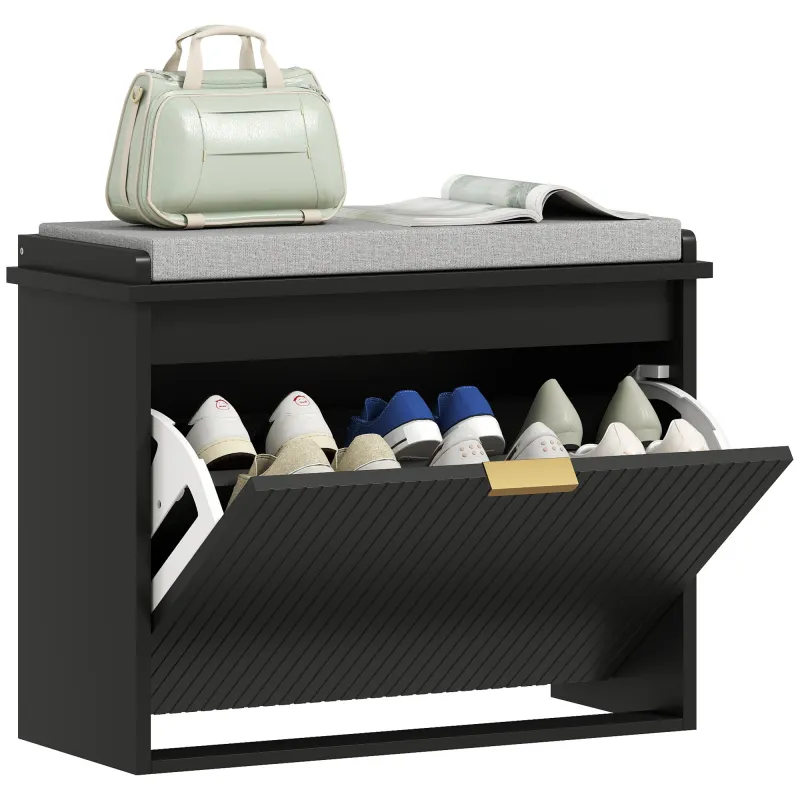 Shoe Storage Bench with Padded Seat Cushion and Flip-Drawer, Entryway Bench, Shoe Cabinet, 24.4x10.2x18.7 Inches, Black