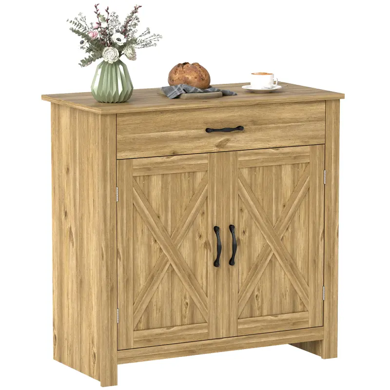 Farmhouse Sideboard Cabinet with Barn Doors Kitchen Buffet Cabinet with Drawer and Adjustable Shelf Stone Natural