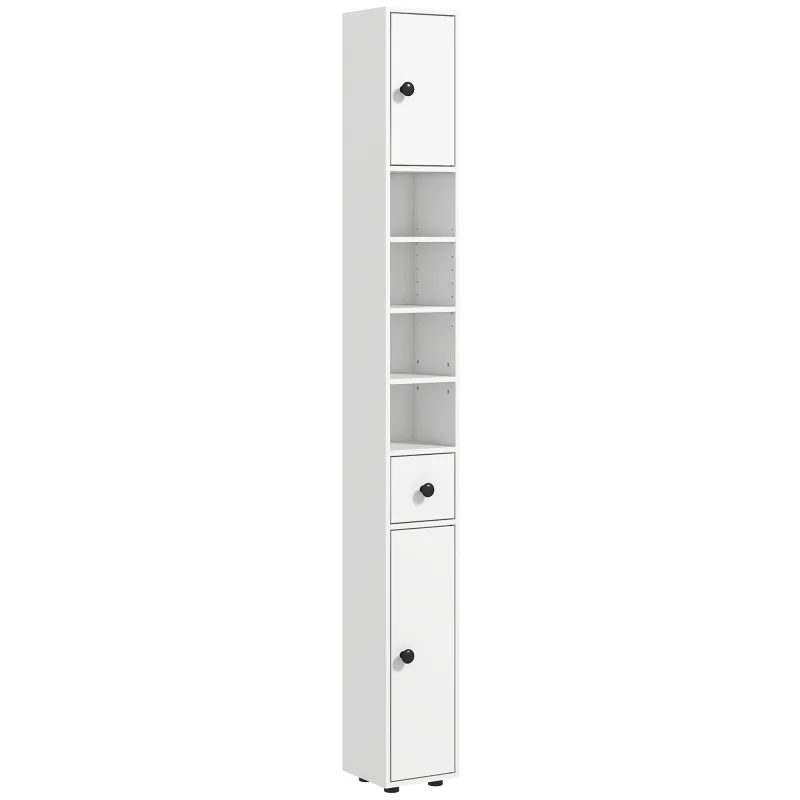71" Small Bathroom Storage Cabinet, Narrow Toilet Paper Cabinet with Open Shelves, 2 Cabinets, Adjustable Shelves, White