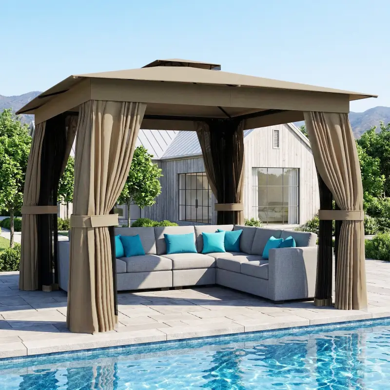 10' x 10' Outdoor Patio Gazebo, Soft Top Gazebo Canopy Shelter with Curtains, Netting, Steel Frame, Hook, Khaki