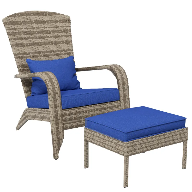 Wicker Adirondack Chair Fire Pit Chair w/ Ottoman & Cushions, Blue
