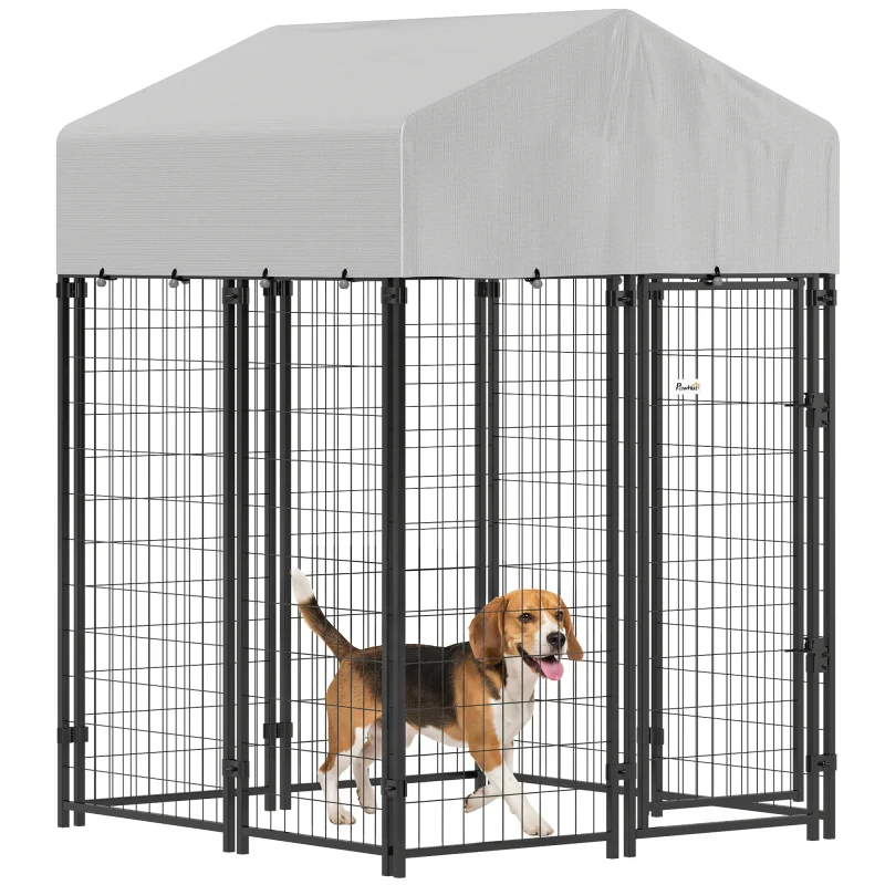 Outdoor Dog Kennel with Roof, 4' x 4' x 6' Heavy Duty Welded Wire Dog Playpen Enclosure with Escape-proof Lock