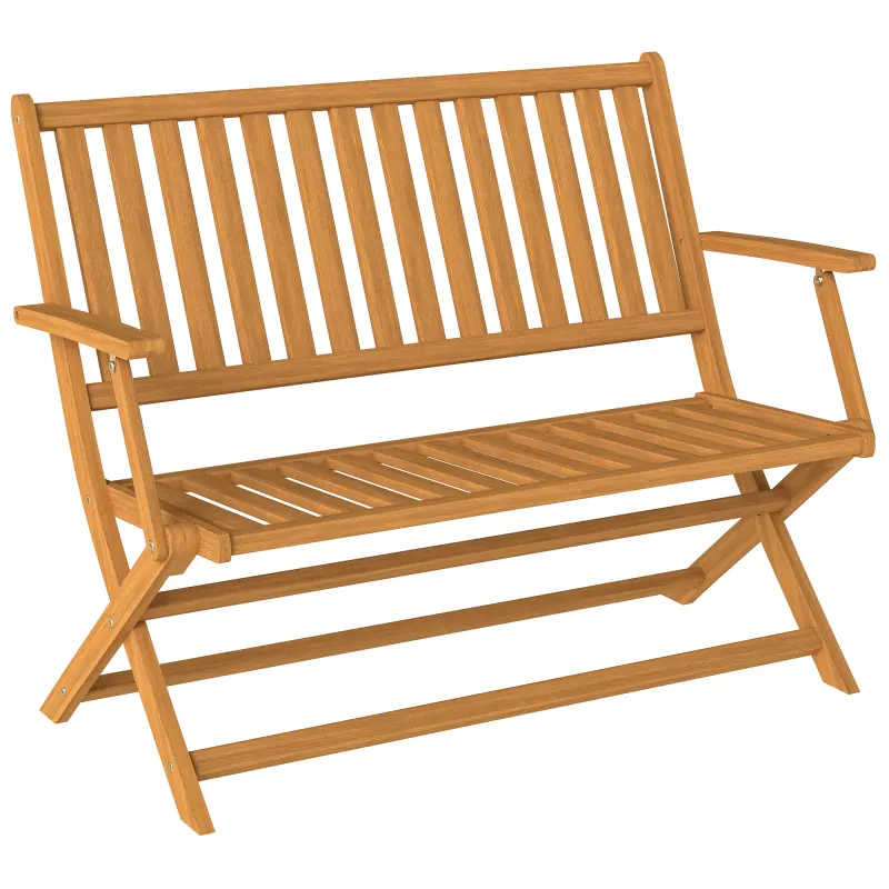 2-Person Foldable Wood Outdoor Bench with Backrest and Armrests for Garden, Porch, Park, Balcony, Teak