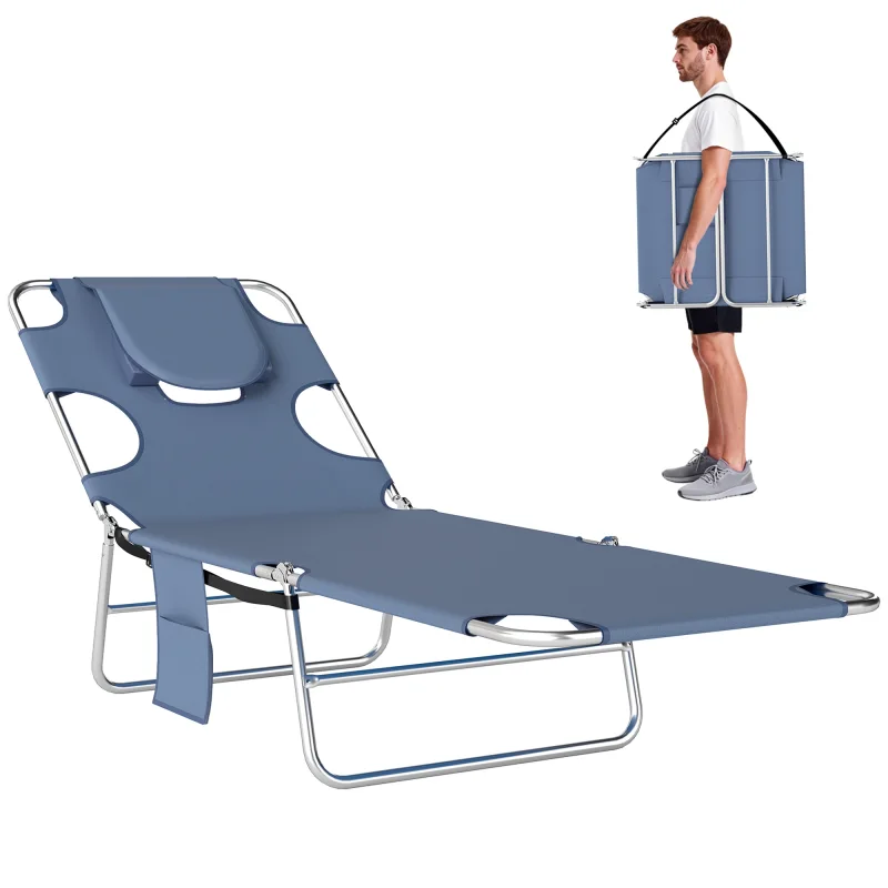 Tanning Chair with Face Hole, 5-Level Adjustable Outdoor Chaise Lounge Chair with Pillow for Beach, Pool, Gray