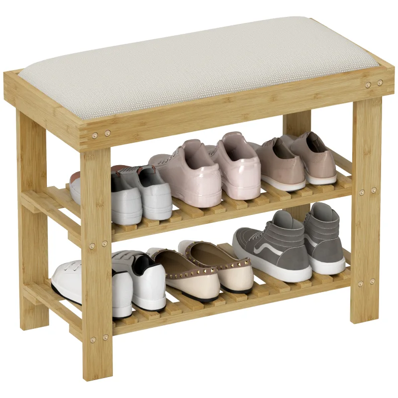 Bamboo Shoe Storage Bench, 3-Tier Entryway Bench with Cushion, Shoe Organizer for Entryway, Hallway, Natural