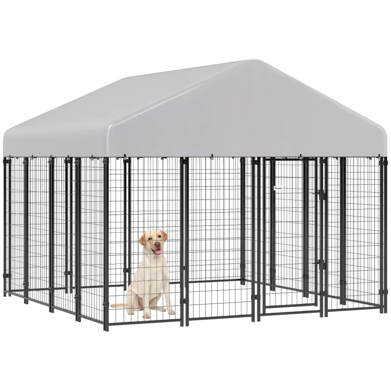 Outdoor Dog Kennel with Roof, 8' x 8' x 6' Heavy Duty Welded Wire Dog Playpen Enclosure with Escape-proof Lock