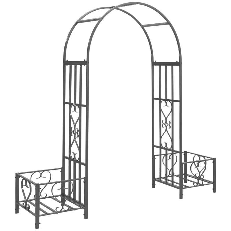 6.7' Steel Garden Arch Arbor with Scrollwork Hearts, Planter Boxes for Climbing Vines, Ceremony, Weddings, Dark Gray
