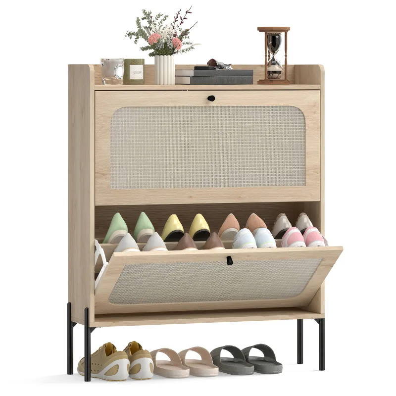 Shoe Cabinet with 2 Flip Drawers, Boho Narrow Shoe Storage Cabinet, Oak